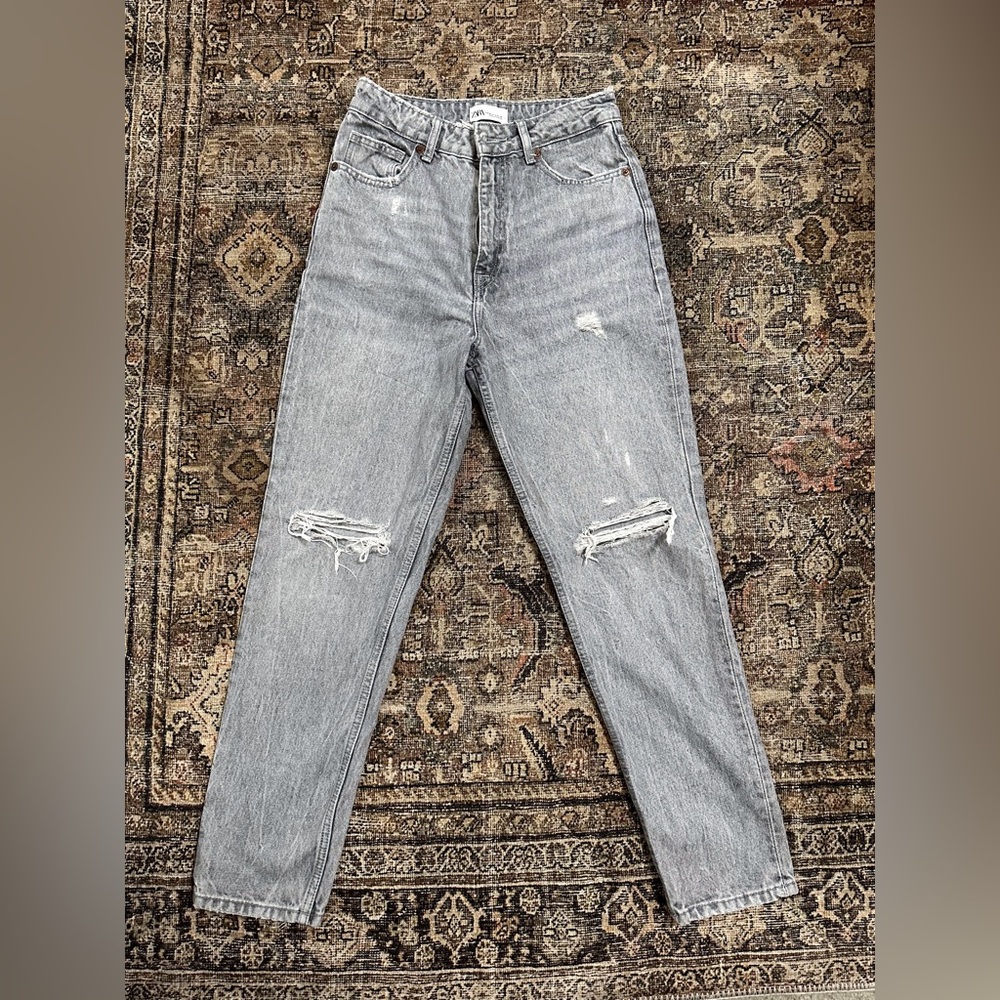 Zara Light Gray High Rise Distressed Jeans